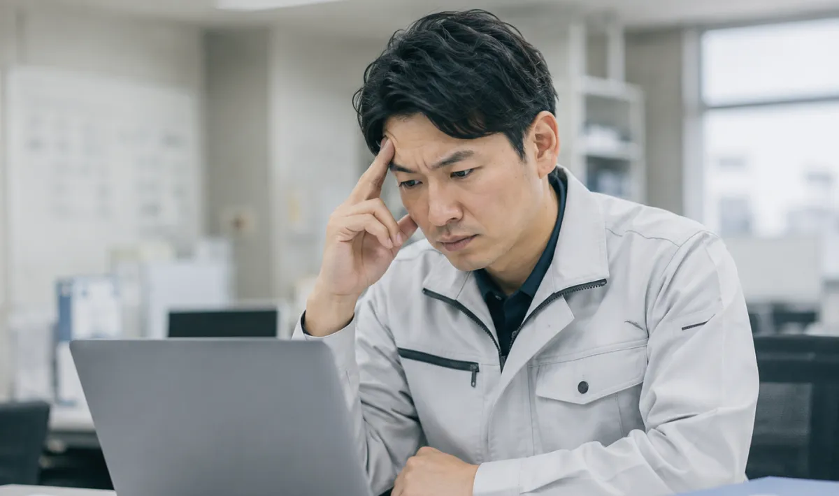 オフィスでグレーの作業着を着たエンジニアの男性がノートパソコンに向かいシステム開発のトラブルや複雑な課題に直面して眉をひそめ深く頭を抱え悩んでいる